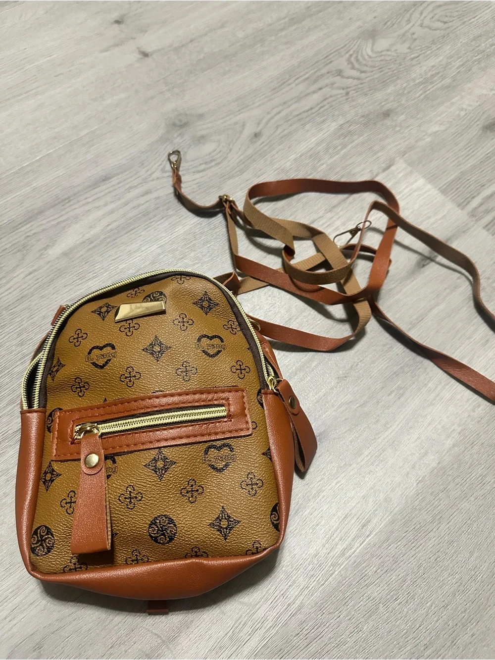 Women's Brown Monogram Crossbody Backpack - Stylish Tan Accent